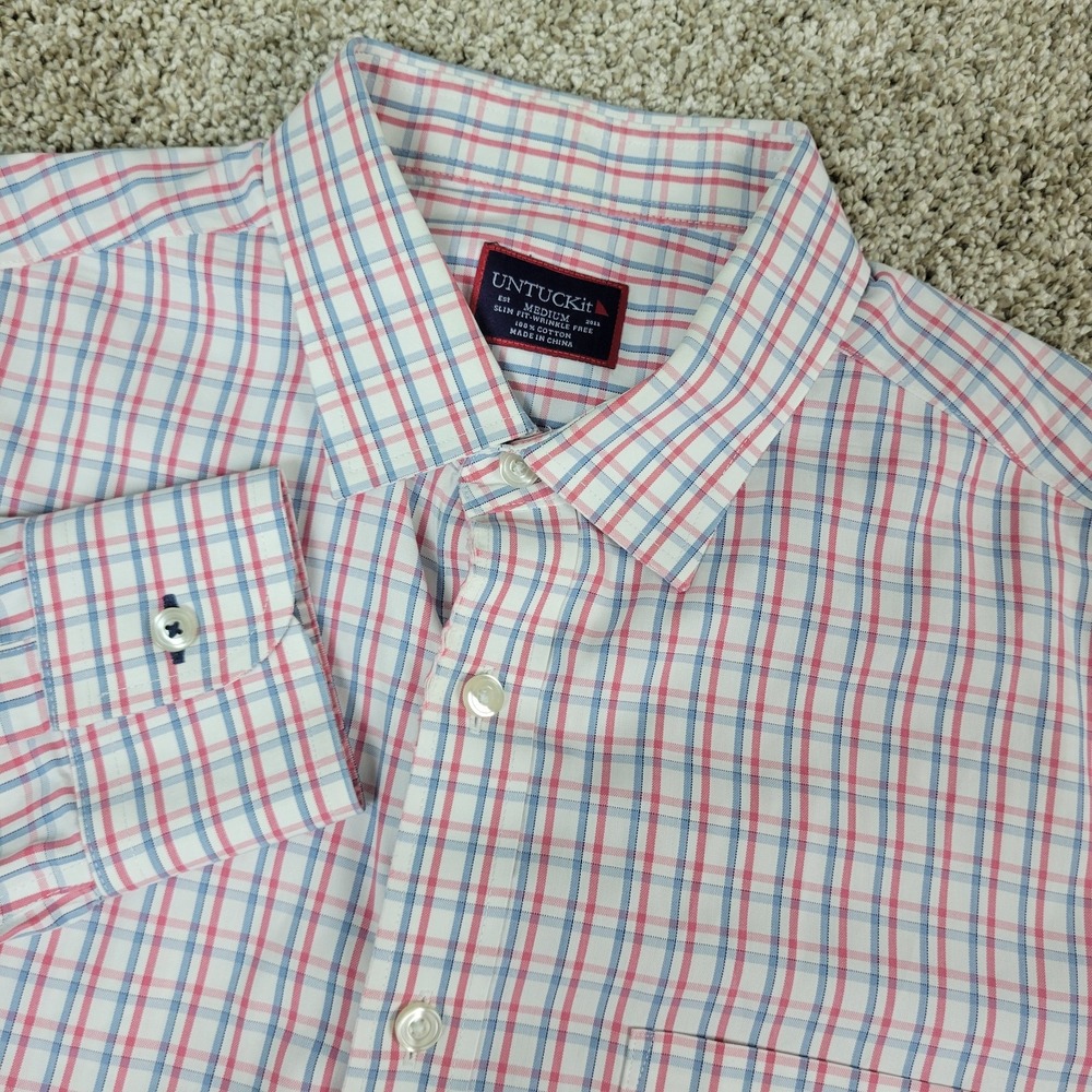Untuckit Slim Fit Wrinkle Free Mens Medium White Red Blue Plaid Button Up LS